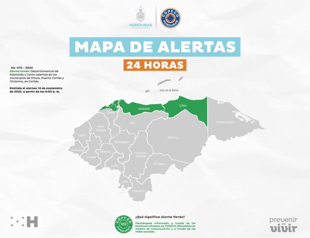 Mapa con las alertas vigentes en Honduras