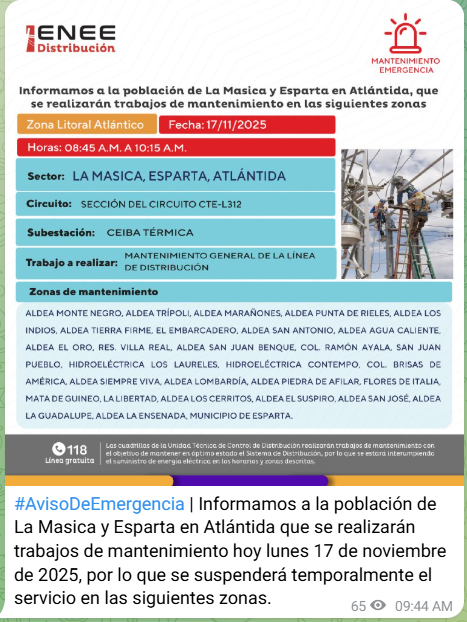 Comunicado de la ENEE sobre cortes de energía eléctrica