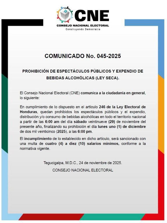 Comunicado del CNE por la ley seca durante las elecciones generales de Honduras