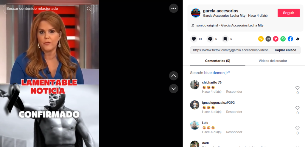 Captura de pantalla de la publicación sobre la supuesta muerte de Blue Demon Jr