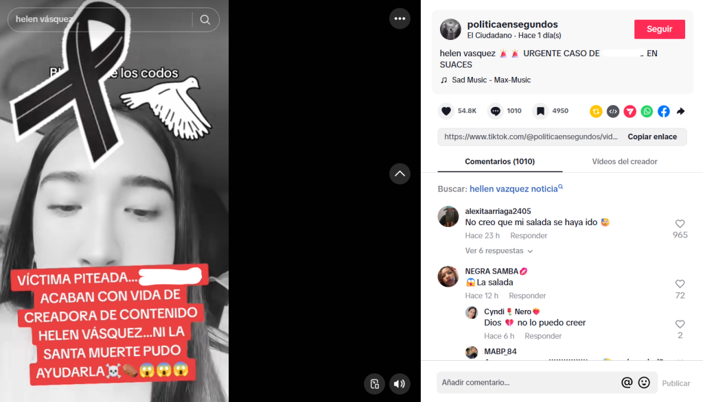 Captura de pantalla de la una publicación donde se difunde que Helen Vásquez murió, aunque su supuesto asesinato es falso