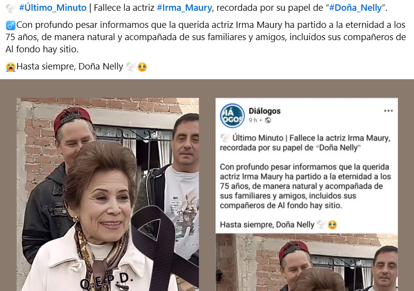 Captura de pantalla de ublicación que asegura Irma Maury falleció