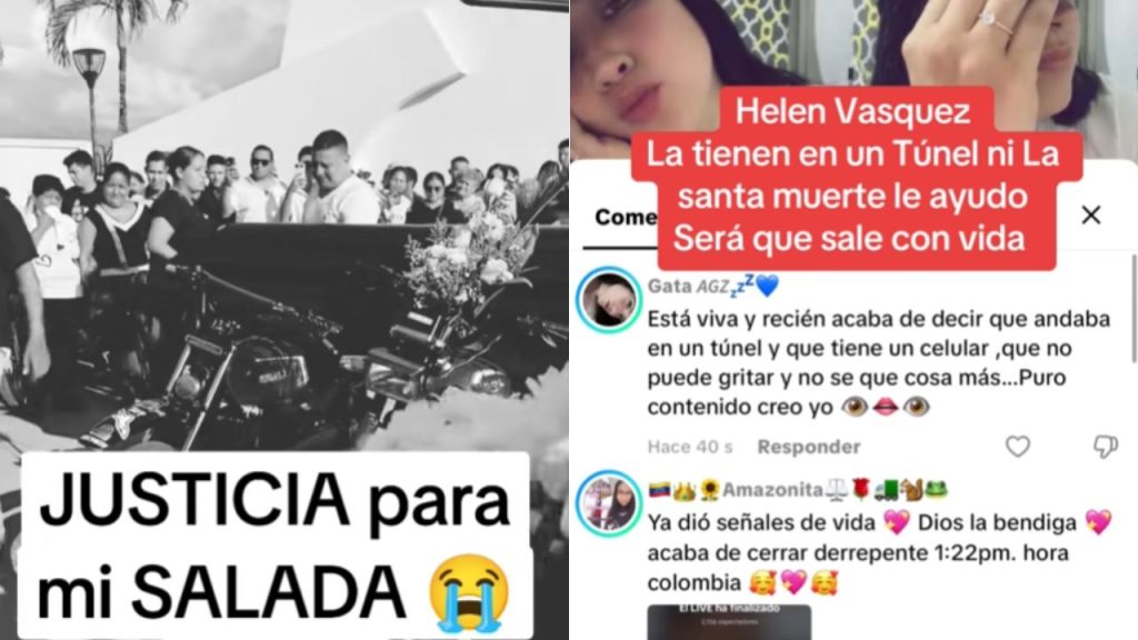 Captura de pantalla de múltiples publicaciones sobre el supuesto funeral y secuestro en un túnel de Helen Vásquez, influencer de Ecuador