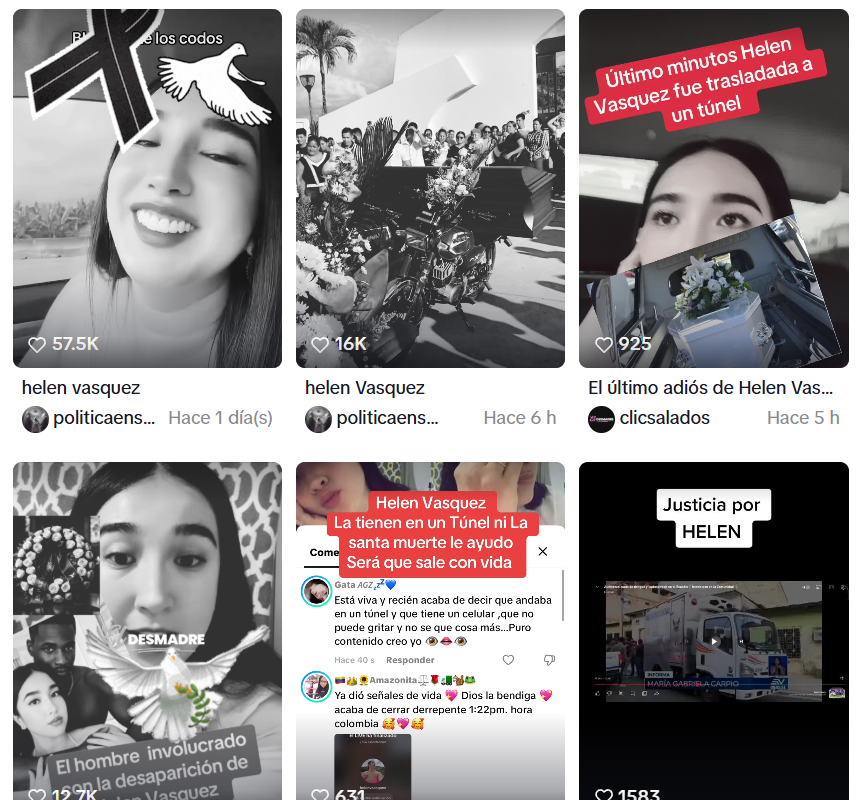 Captura de pantalla de múltiples publicaciones sobre rumores de Helen Vásquez, influencer de Ecuador