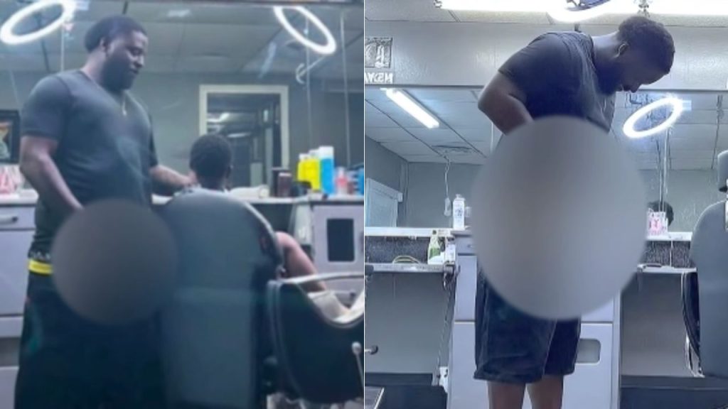 Dos supuestas capturas de pantalla del video de the Texarkana barber cutting hair