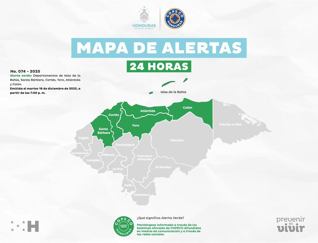 Mapa con las alertas vigentes en Honduras