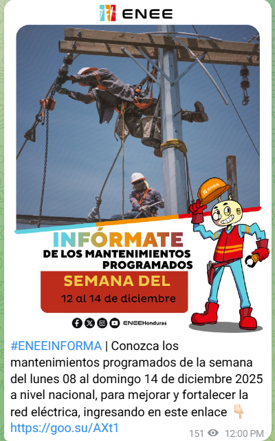 Comunicado de la ENEE sobre cortes de energía eléctrica