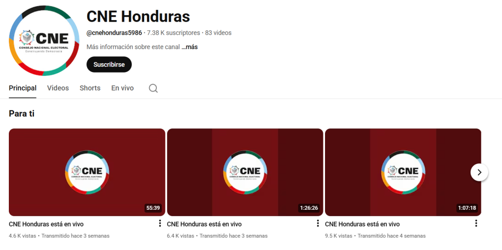 Captura de pantalla del canal del CNE en YouTube