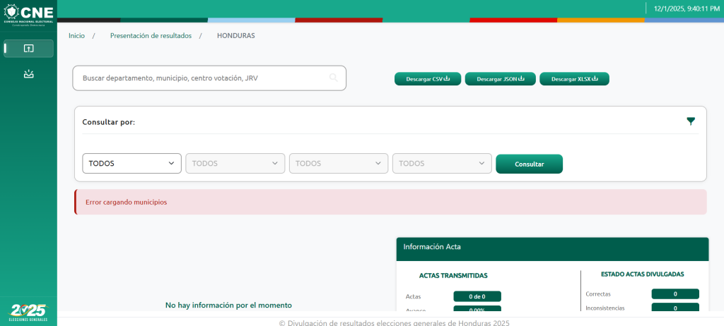 Captura de pantalla de la página del CNE