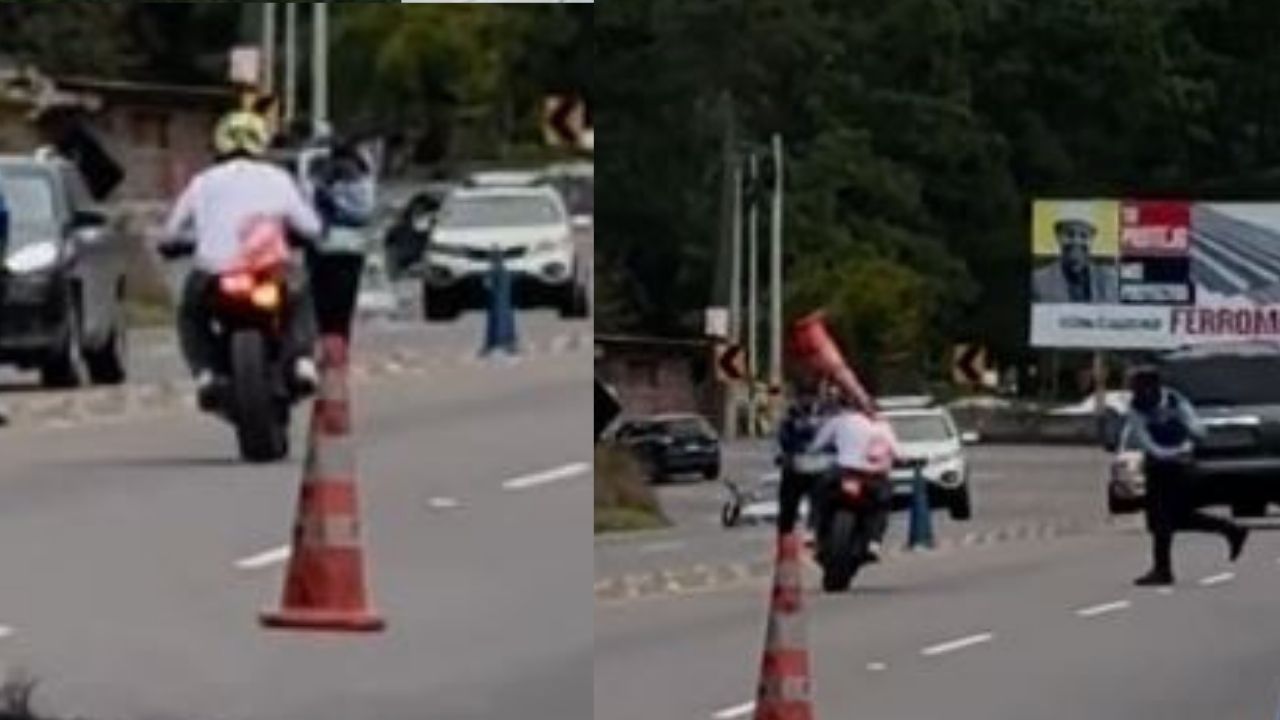 VIDEO SENSIBLE: Agente policial lanza un cono y derriba a motociclista en la CA-5