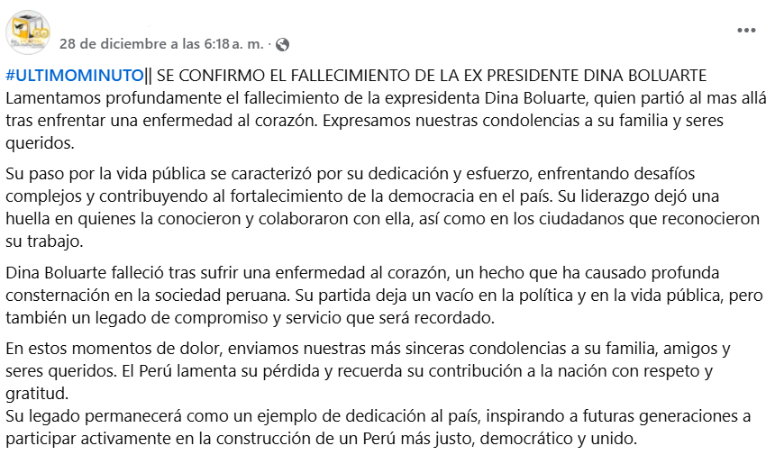 Captura de pantalla de una publicación que difundió falsamente que murió Dina Boluarte