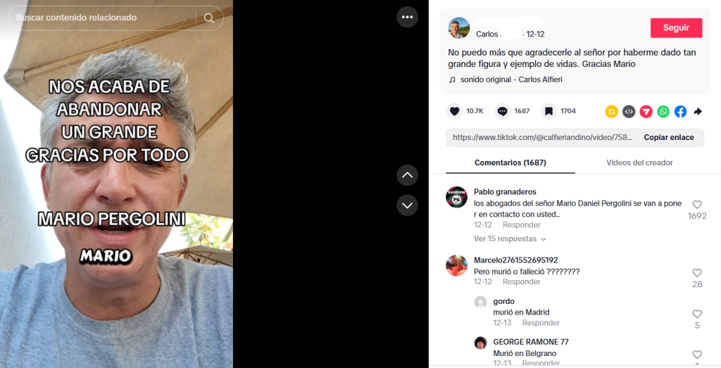 Captura de pantalla de una publicación sobre la supuesta muerte de Mario Pergolini