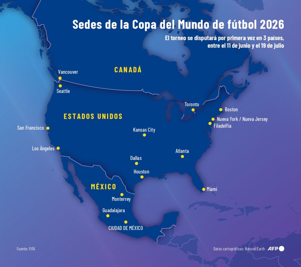 Mapa con las sedes del Mundial 2026