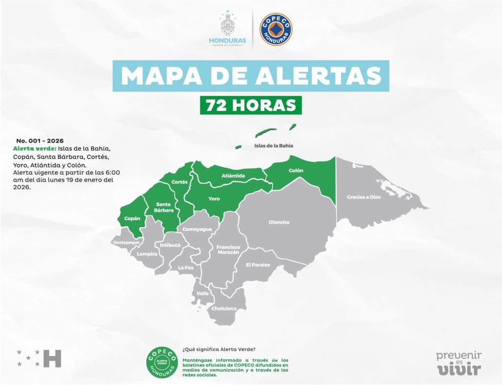Mapa con las alertas vigentes en Honduras