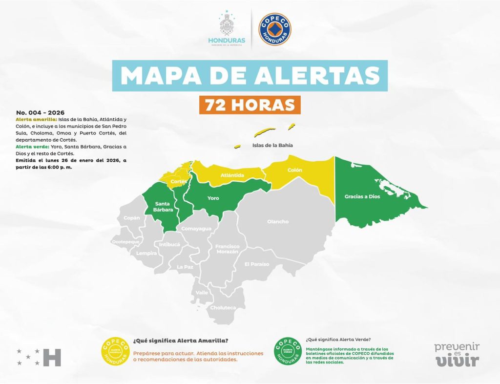 Mapa con las alertas vigentes en Honduras