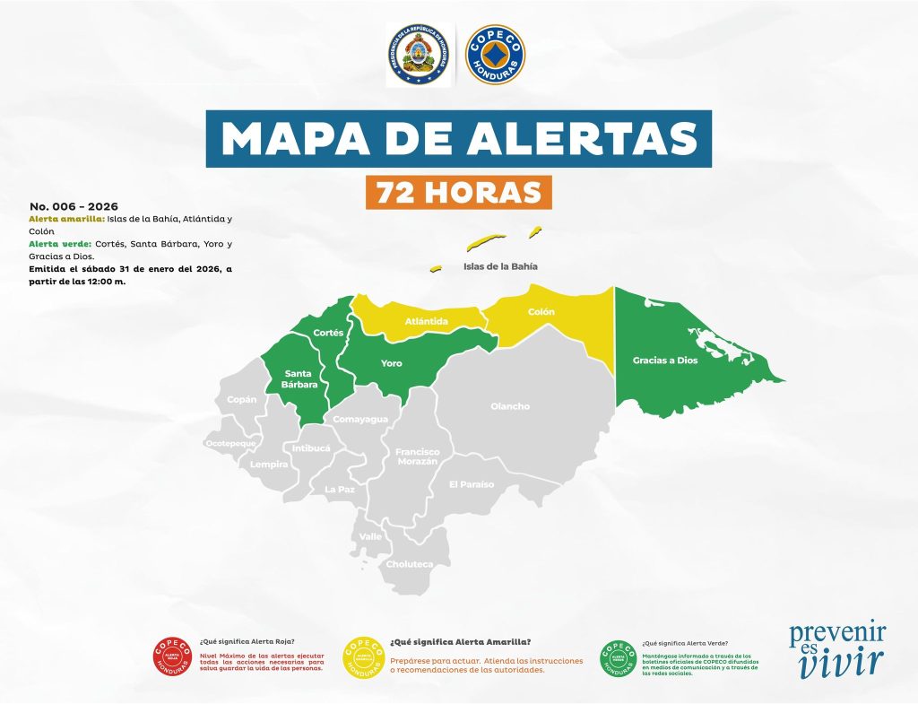 Mapa con las alertas vigentes en Honduras