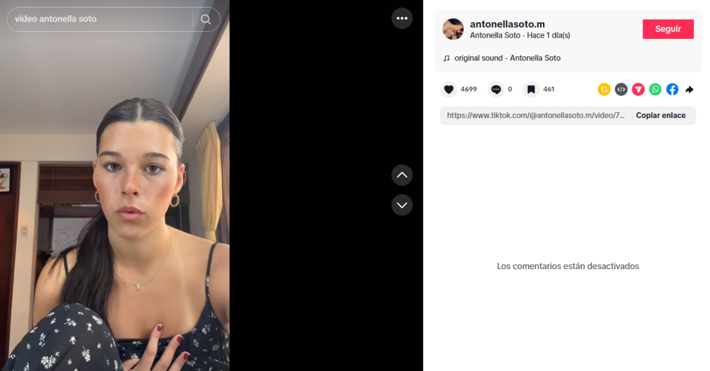 Captura de pantalla del video de Antonella Soto donde aclaró el clip filtrado que se volvió viral