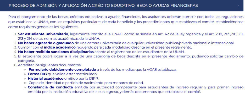 Captura de pantalla de los requisitos para solicitar becas en la UNAH