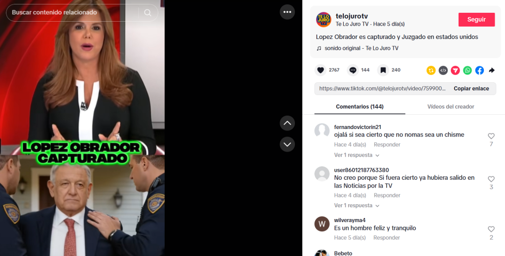 Captura de pantalla de una publicación en la que se lee y escucha que supuestamente capturan a AMLO