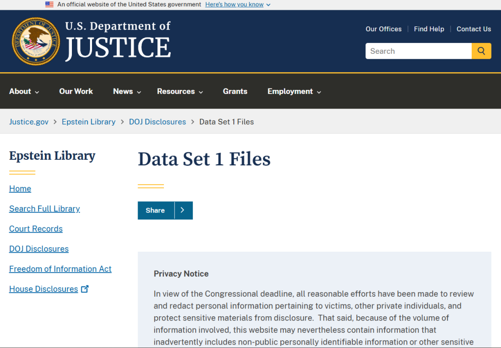 Captura de pantalla donde se puede ver los archivos y documentos PDF de Jeffrey Epstein