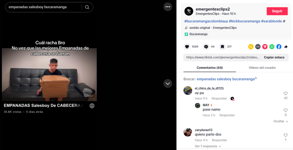 Captura de pantalla de una publicación sobre el video Empanadas sales boy Cabecera, Bucaramanga