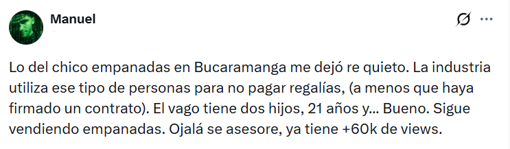 Captura de pantalla de una publicación en la que se dan detalles sobre el Chico Empanadas, conocido por el video salesboy Cabecera, Bucaramanga