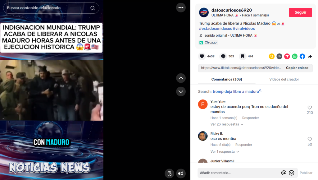 Capturaron de una publicación en la que se lee que liberaron a Nicolás Maduro, precisamente que supuestamente Trump lo dejó en libertad