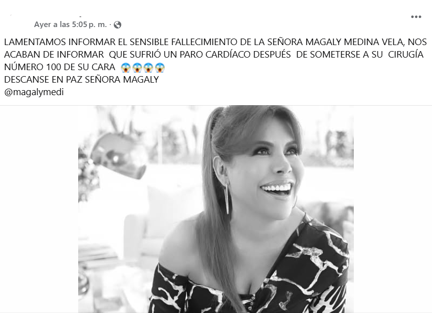 Captura de pantalla de la publicación en la que se difundió que murió Magaly Medina, aunque no es verdad que falleció