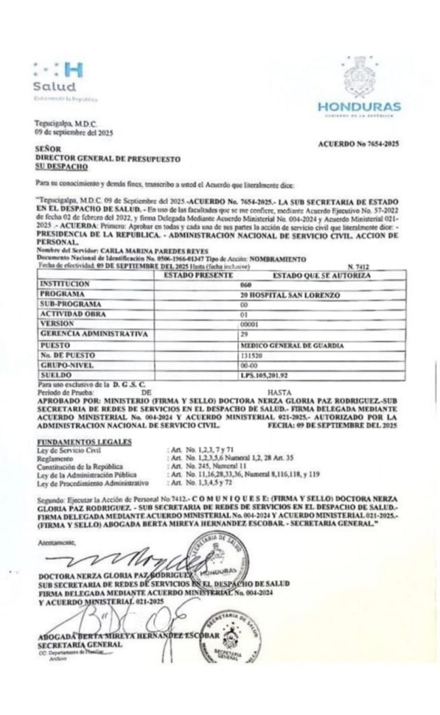 Documento sobre la plaza de Carla Paredes