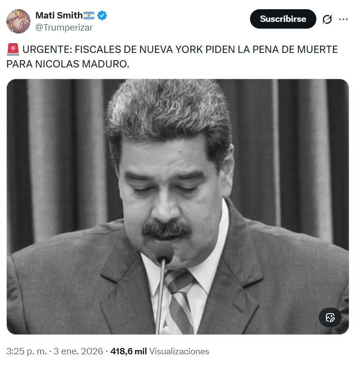 Captura de pantalla de una publicación donde se lee que supuestamente fiscales pidieron la pena de muerte para Nicolás Maduro
