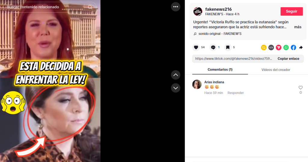 Captura de pantalla de la publicación en la que se lee la supuesta eutanasia de Victoria Ruffo