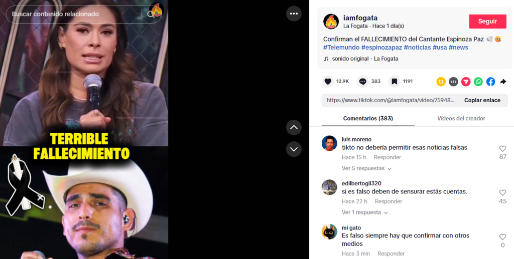 Captura de pantalla de la publicación en la que se lee la supuesta muerte de Espinoza Paz