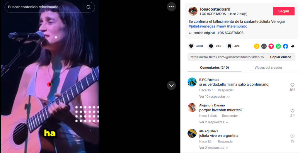 Captura de pantalla de una publicación en la que se lee que murió Julieta Venegas, aunque no es verdad su muerte