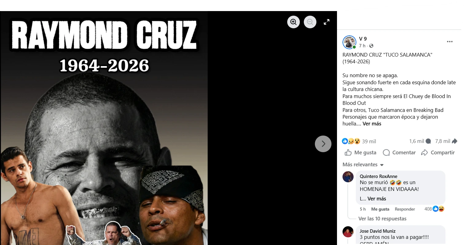 Captura de pantalla de una publicación por la que trascendió que murió Raymond Cruz, aunque no es verdad la muerte de Tuco Salamanca