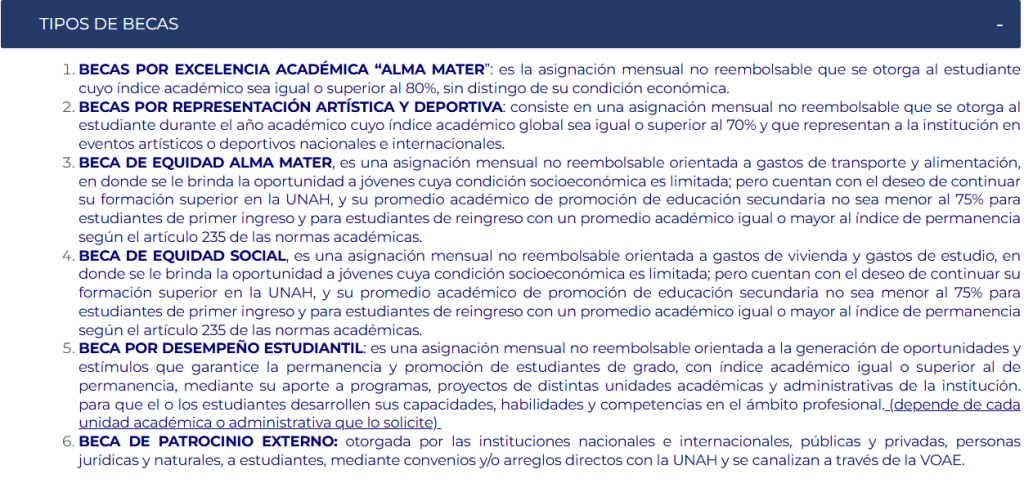 Captura de pantalla de una publicación con los tipos de becas de la UNAH