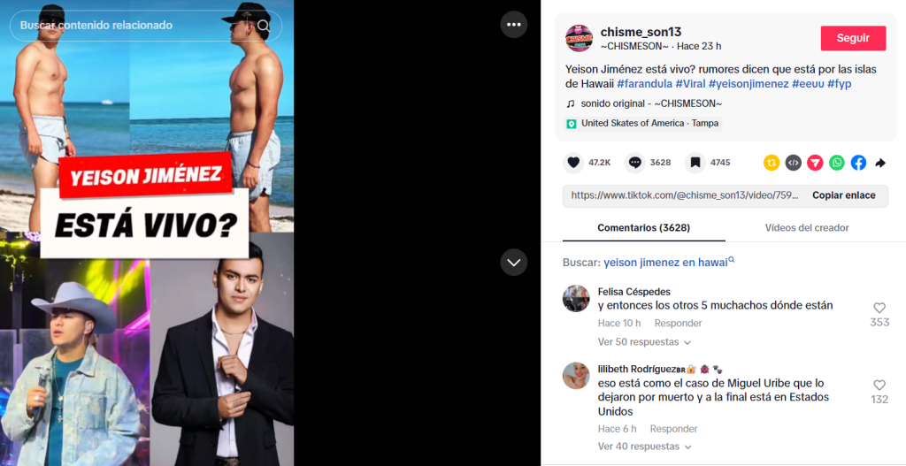 Captura de pantalla de una publicación por la que se inició la pregunta de si Yeison Jiménez está vivo o muerto