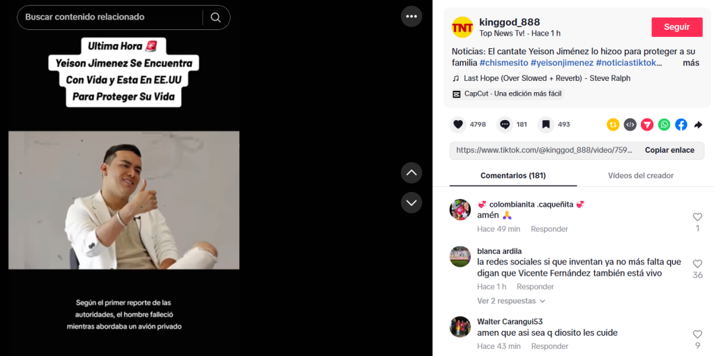Captura de pantalla de una publicación por la que se cree que Yeison Jiménez está vivo en Estados Unidos o Hawaii