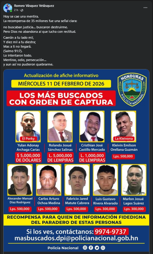 Mensaje de Romeo Vásquez Velásquez sobre el afiche de 'los más buscados'.