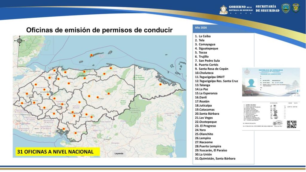 Mapa de los lugares para sacar la licencia de conducir en Honduras en 2026