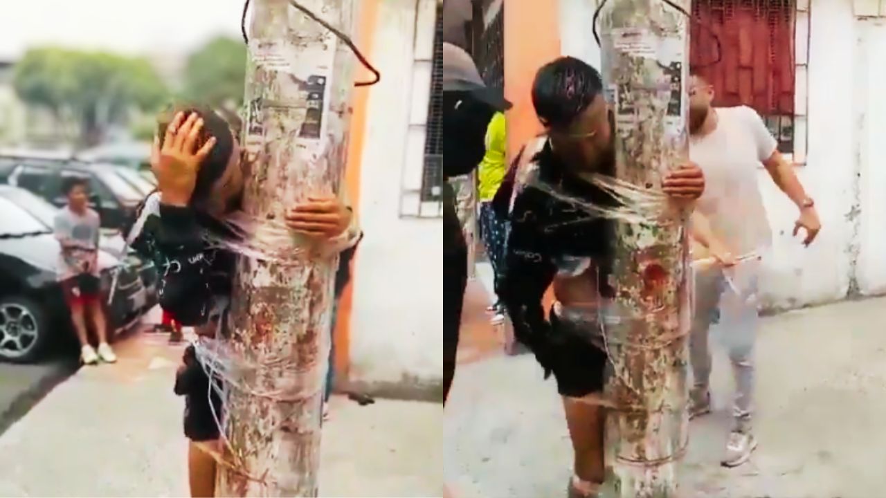 Imagen de Vídeo | 'Da gracias que no te ponen gasolina': Castigan a delincuente atado a poste