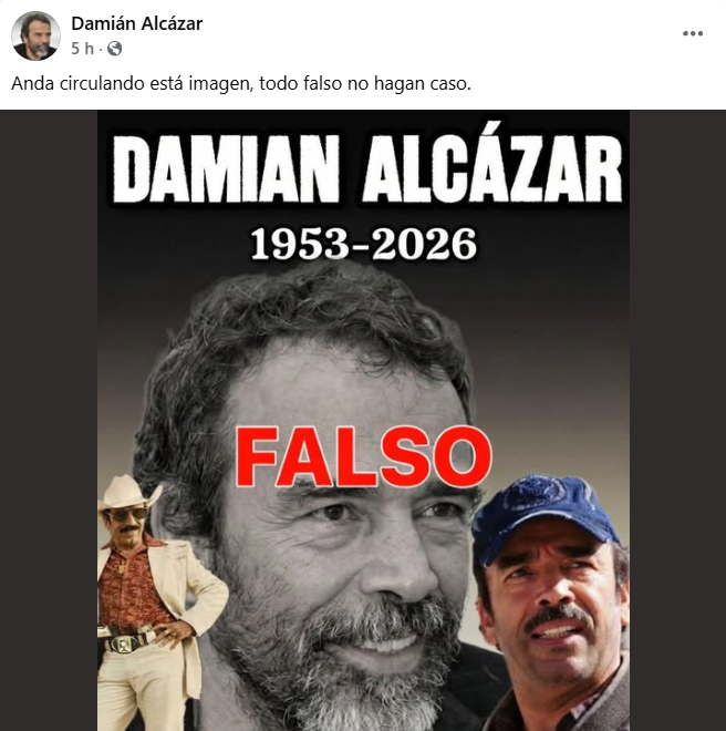 Captura de pantalla de una publicación por la que se creyó la supuesta muerte de Damián Alcázar