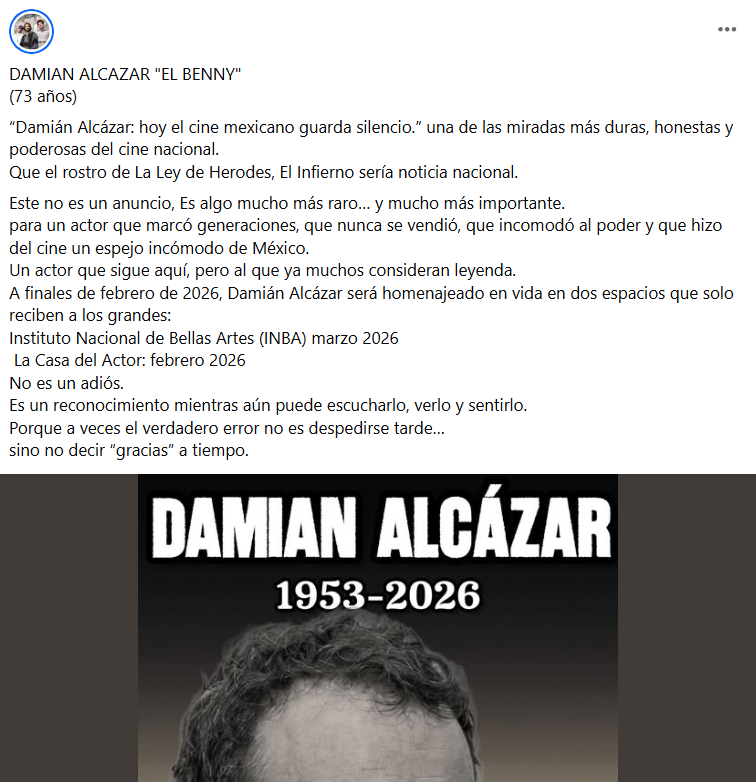 Captura de pantalla de una publicación por la que se creyó la supuesta muerte de Damián Alcázar