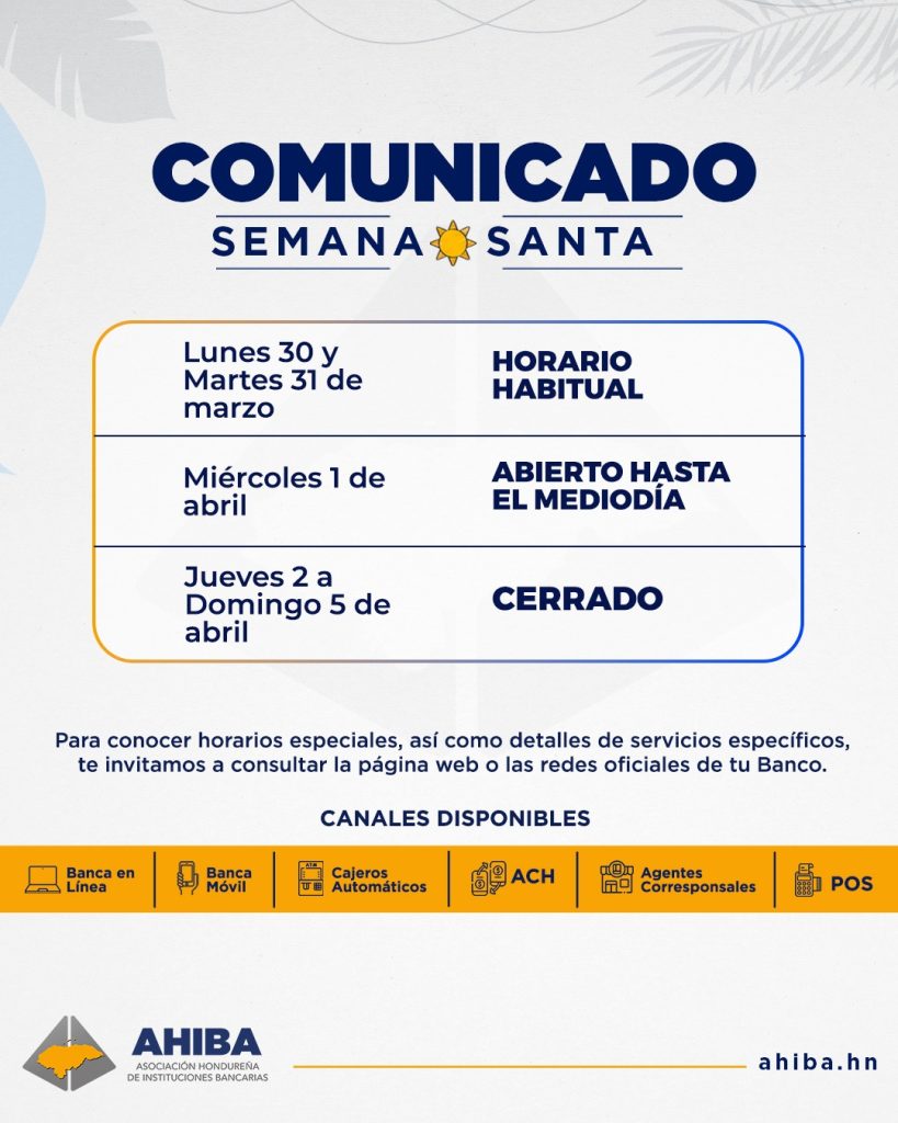 Comunicado sobre los horarios de los bancos en Honduras durante la Semana Santa 2026