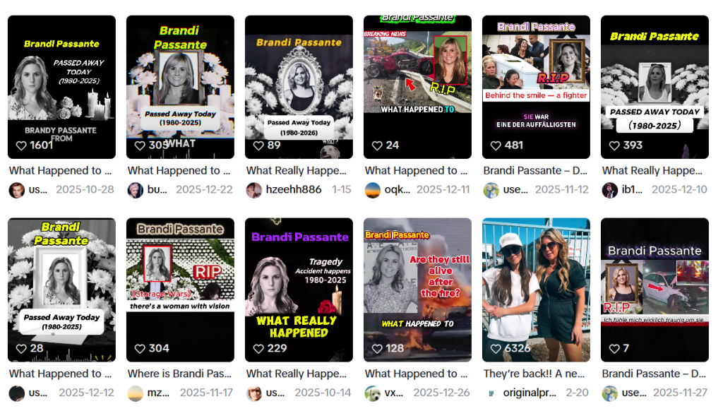 Captura de publicaciones en las que se difundió que Brandi Passante murió hoy, en 2026, pese a que no es verdad que falleció