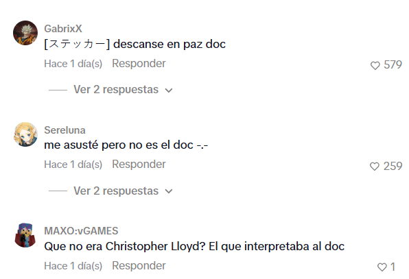 Captura de pantalla de una publicación en la que usuarios creen que falleció Christopher Lloyd, aunque no es verdad que murió