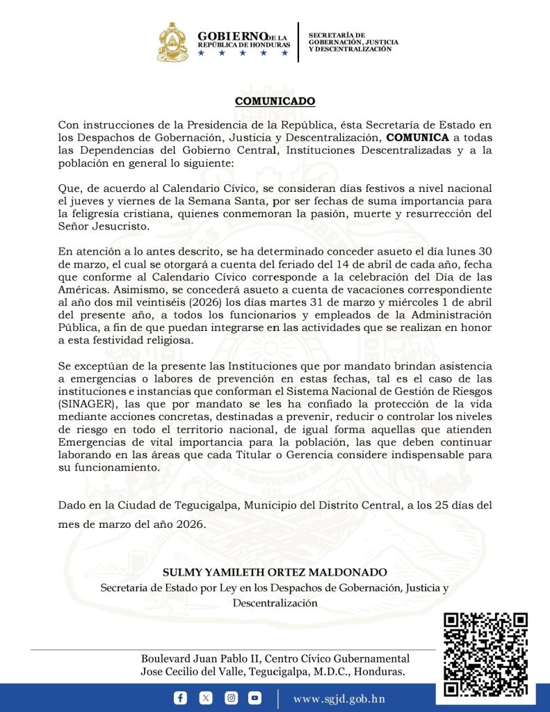 Comunicado sobre el feriado por la Semana Santa para empleados públicos