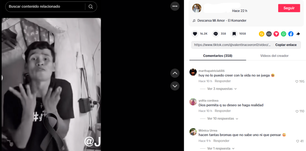 Captura de pantalla de una publicación que se refiere a una supuesta muerte de Jonfer Cerón