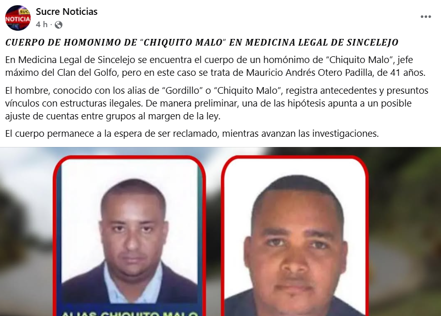 Captura de pantalla de una publicación sobre la muerte de alias Chiquito Malo