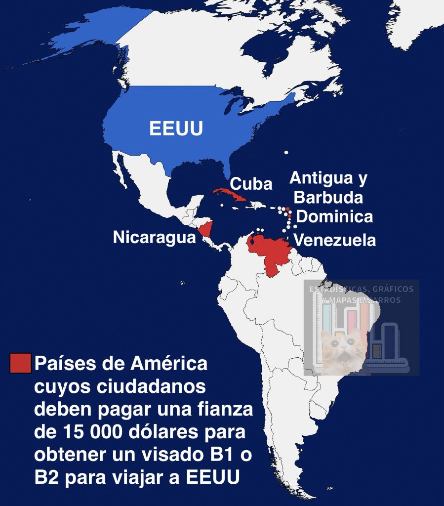 Mapa de países de América Latina a los que se le exige fianza por visas