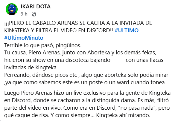 Captura de pantalla de una publicación que habla sobre el video filtrado de Piero Arenas